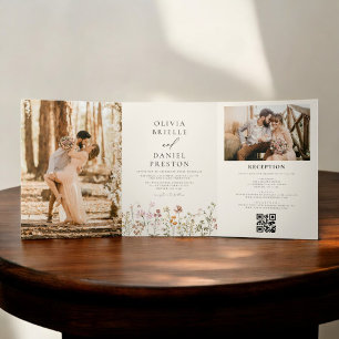 Boho Wildflower Beige Alles in Einem QR Code Hochz Dreifach Gefaltete Einladung