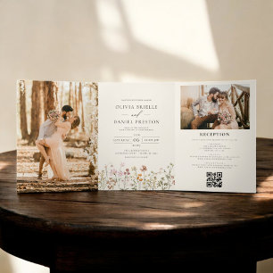 Boho Wildflower Beige Alles-in-Einem QR-Code-Hochz Dreifach Gefaltete Einladung