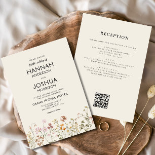 Boho Wildflower Beige Alles in Einem QR-Code Hochz Einladung