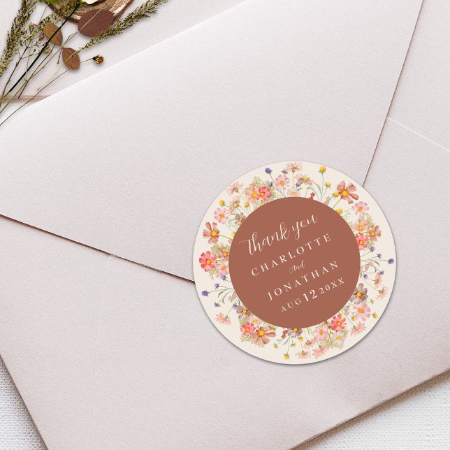 Boho Wildflower Beige Wedding Thank You  Runder Aufkleber (Boho fall rustic wildflower floral burnt orange and beige wedding thank you sticker watercolor )