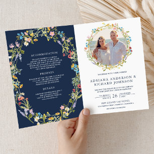 Boho-Wildflower-Foto-QR-Code-Navy-Blau-Hochzeit Einladung