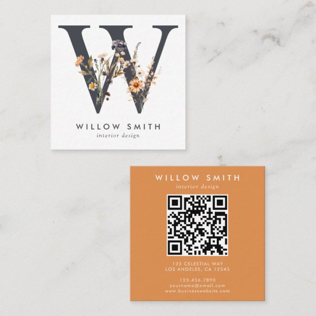 Boho Wildflower Initial W QR-Code Quadratische Visitenkarte (Vorne/Hinten)