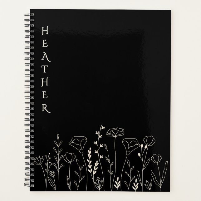 Boho Wildflower Personalized Black Gift for Her Planer (Vorderseite)