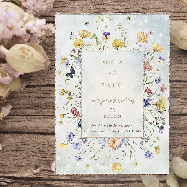 Boho Wildflower Rustic Green Wedding Folieneinladung (Von Creator hochgeladen)