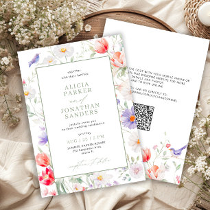 Boho Wildflower Salbei Grün Alles-in-Eins QR-Hochz Einladung