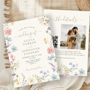Boho Wildflower Salbei grüne Schrift QR-Code Hochz Einladung