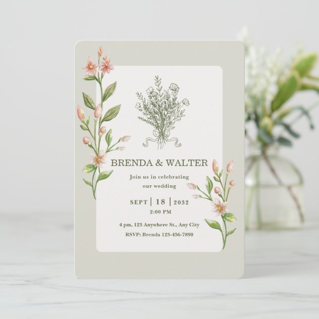 Boho Wildflower Watercolor Botanical Sage Wedding  Einladung (Stehend Vorderseite)