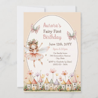 Boho Wildflowers Baby-Mädchen Fee Erster Geburtsta Einladung