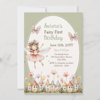 Boho Wildflowers Baby-Mädchen Feen-Erstgeburtstag Einladung