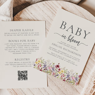 Boho Wildflowers Beige QR-Code Babyparty Einladung
