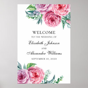 Boho-Willkommensschild-Druck. Hochzeit rosa Blumen Poster