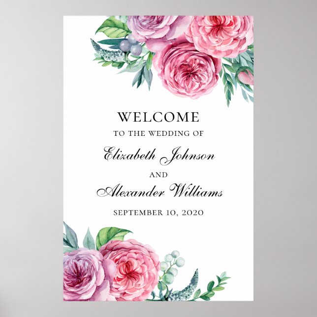 Boho Willkommensschild drucken. Hochzeitsrosa Blum Poster (Vorne)