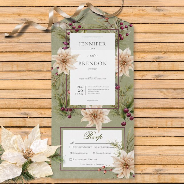 Boho Winter Greenery Boughs Sage Green Dinner All In One Einladung (Also available with a QR code or without dinner selection options.)