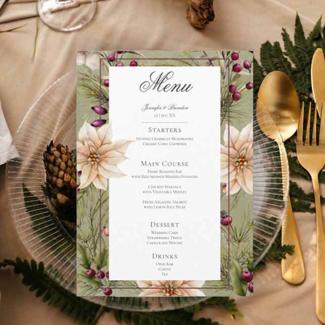 Boho Winter Greenery Boughs Sage Green Wedding Menükarte (Von Creator hochgeladen)
