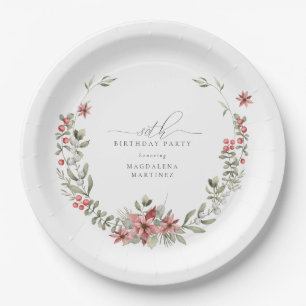 Boho Winter Greenery Red Floral 80. Geburtstag Pappteller