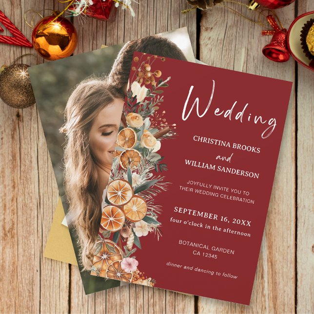 Boho Winter Holiday Wedding Burgundy Foto Einladung (Von Creator hochgeladen)