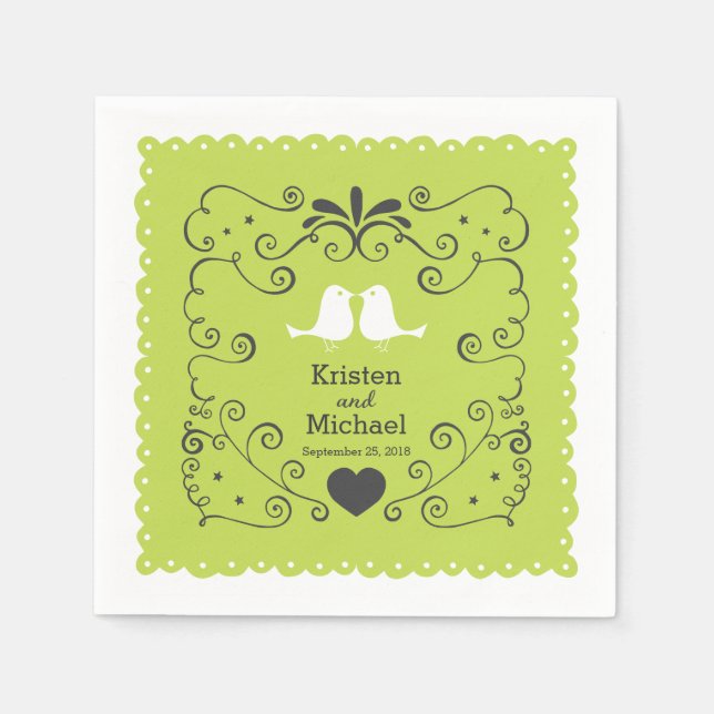 Boho Wirbel, Curls, Banner & Lovebirds Hochzeit Serviette (Vorderseite)