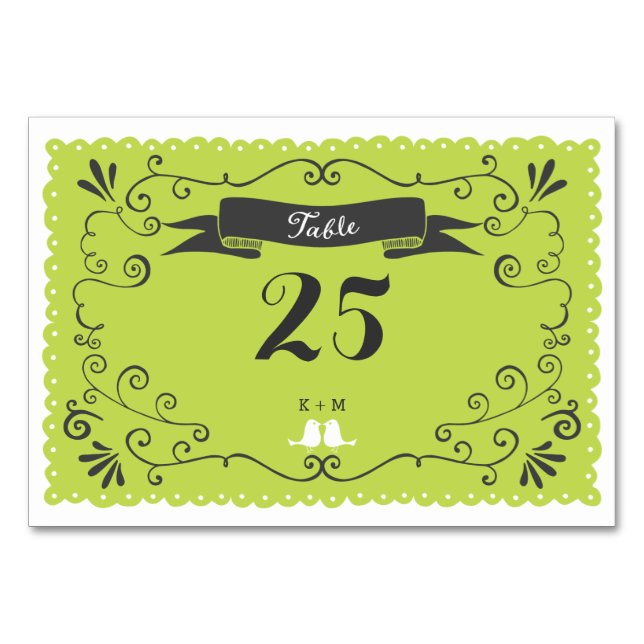 Boho Wirbel, Curls, Banner & Lovebirds Hochzeit Tischnummer (Vorderseite)