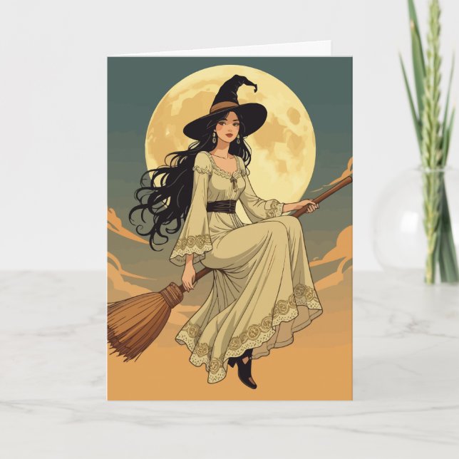 Boho Witchy Woman Astride A Besom Vector Art Feiertagskarte (Vorderseite)