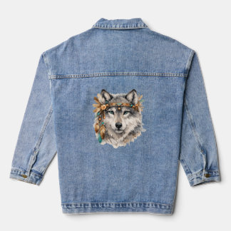 Boho Wolf Portrait Embroidered Look Zip Hoodie