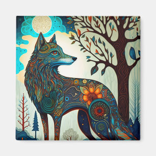 Boho Wolf Surreal Wildlife Art Button Magnet
