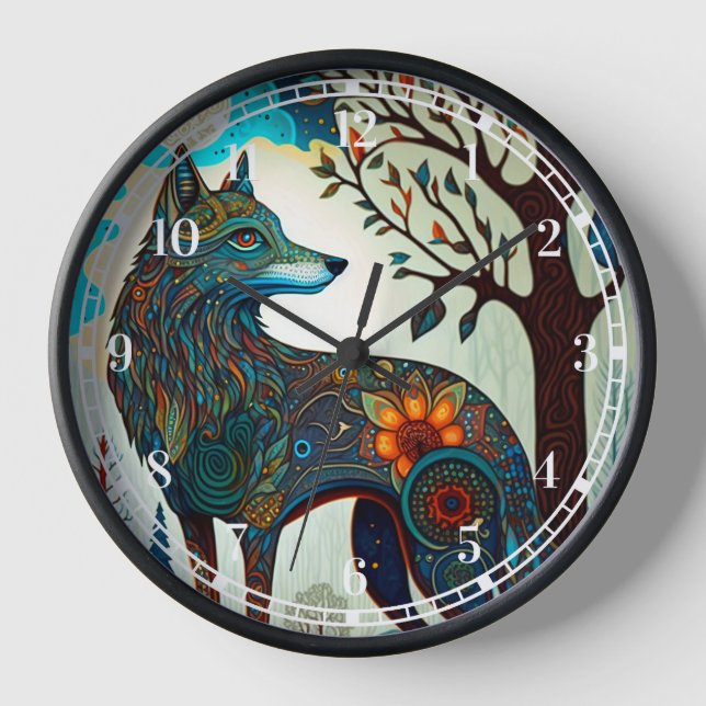 Boho Wolf Surreal Wildlife Art Clock Uhr (Vorderseite)
