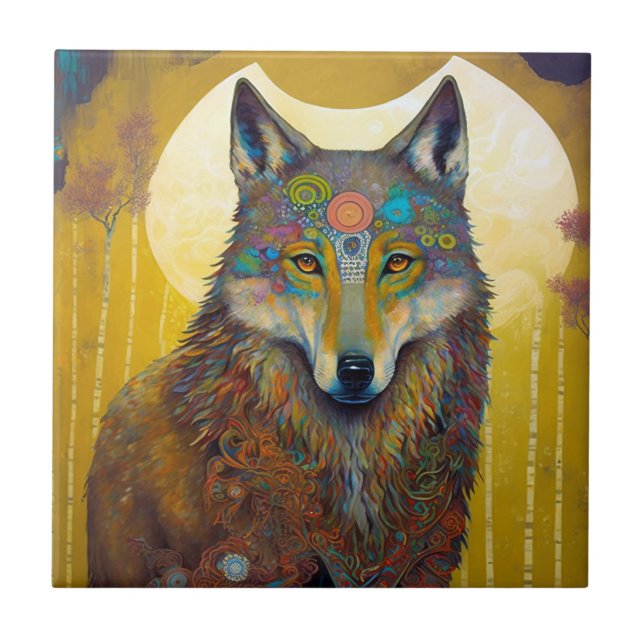 Boho Wolf Surreal Wildlife Art Fliese (Vorderseite)