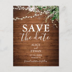 Boho Wood Greenerity Script Wedding Save the Date Ankündigungspostkarte
