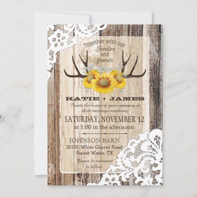 Boho Wood Sunflower Antlers lockt Rustikale Hochze Einladung (Vorderseite)
