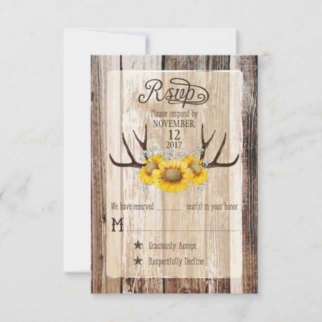 Boho Wood Sunflower Antlers Rustic RSVP Card (Vorderseite)