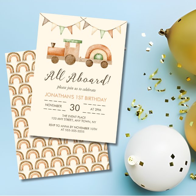 Boho Wood Train Transport Kindergeburtstag Einladung (Von Creator hochgeladen)