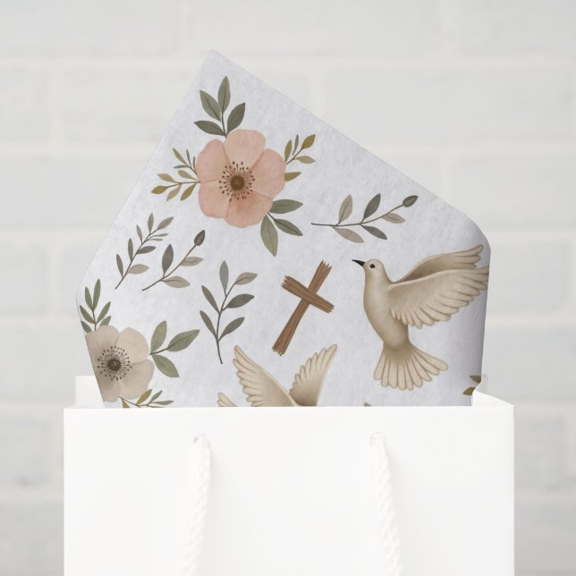 Boho Wooden Cross Dove Blumenmuster Christlich Seidenpapier (Geschenktüte)