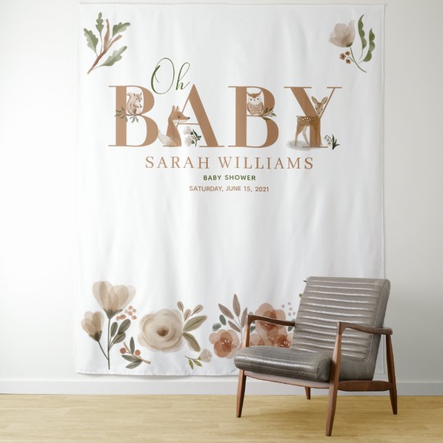 Boho Woodland Animals Brown Oh Baby Dusche Foto Wandteppich (Beispiel)