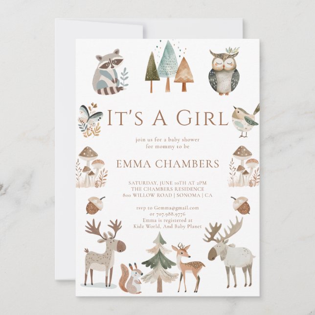 Boho Woodland Animals Es ist eine Mädchen-Baby-Dus Einladung (Vorderseite)