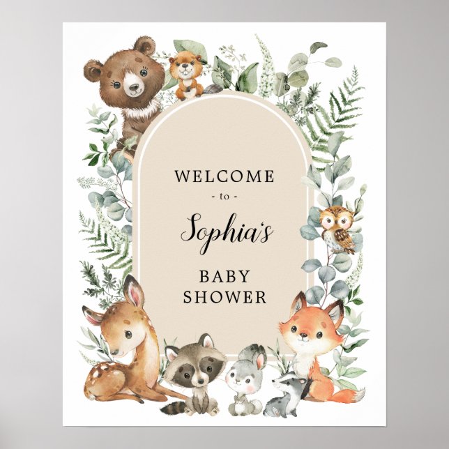 Boho Woodland Animals Greenery Baby Dusche Willkom Poster (Vorne)