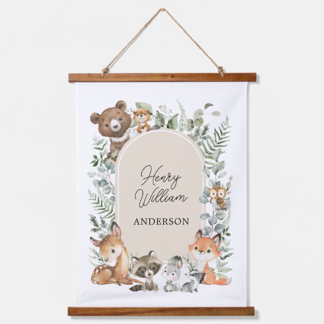 Boho Woodland Animals Greenery Neutrales Kinderzim Wandteppich Mit Holzrahmen (Vorderseite)