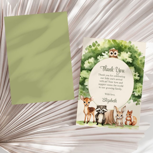 Boho Woodland Animals Kinderdusche Danke Karte (Boho Woodland Animals Baby Shower Thank You Card on a sunny neutral dry palm leaf.)