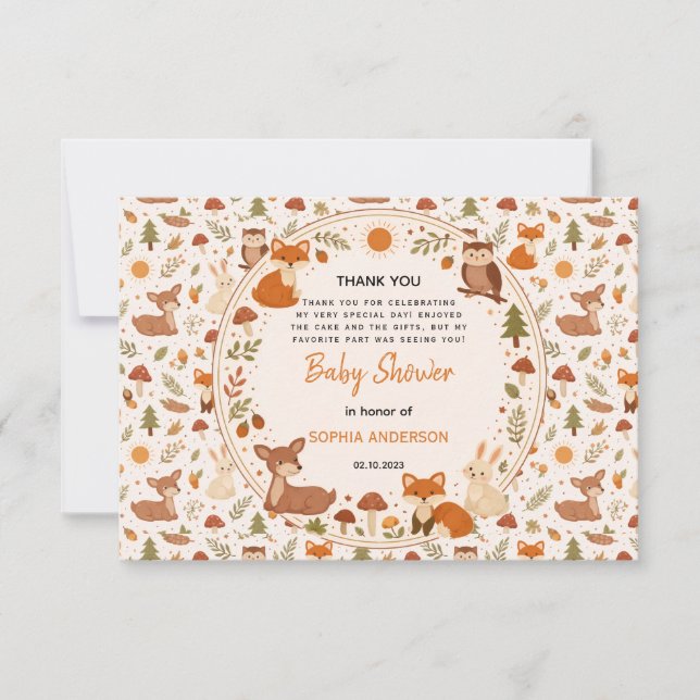 Boho Woodland Baby Shower | Rustic Forest Animals Dankeskarte (Vorderseite)