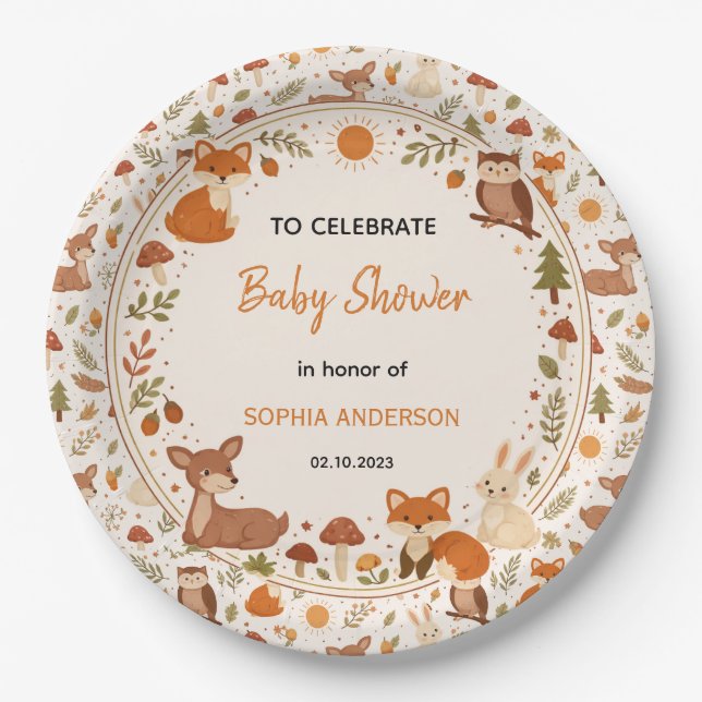 Boho Woodland Baby Shower | Rustic Forest Animals Pappteller (Vorderseite)