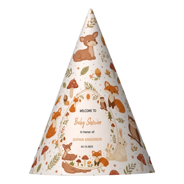 Boho Woodland Baby Shower | Rustic Forest Animals Partyhütchen (Vorderseite)