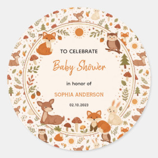 Boho Woodland Baby Shower | Rustic Forest Animals Runder Aufkleber
