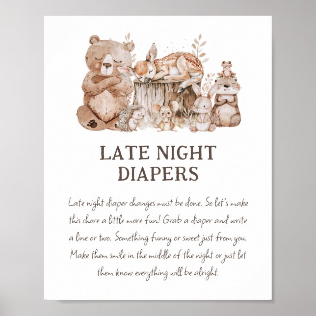 Boho Woodland Babydusche 'Late Night Diaper' Poster (Vorne)