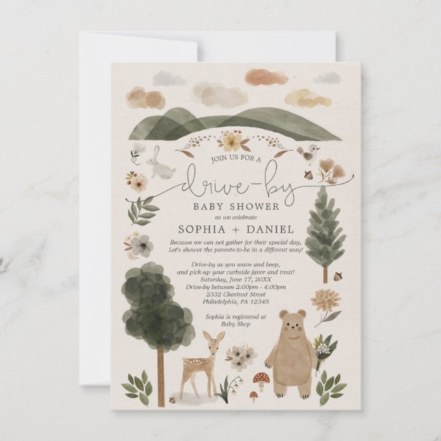 Boho Woodland Drive-by Baby Shower Einladungskarte (Vorderseite)