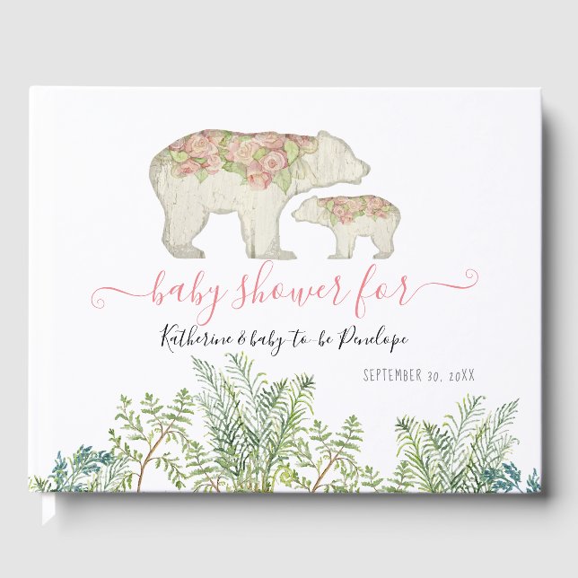 Boho Woodland Floral Bear Fern Foliage Baby Girl Gästebuch (Vorderseite)