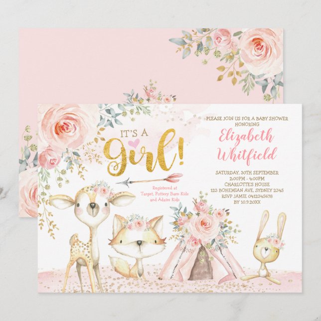 Boho Woodland Forest Pink Gold Floral Baby Dusche Einladung (Vorne/Hinten)