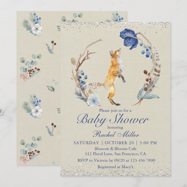 Boho Woodland Fox Watercolor Glitzer Babydusche Einladung (Vorne/Hinten)