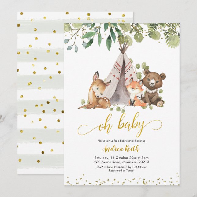 Boho Woodland Greenery Kinderdusche Einladung (Vorne/Hinten)