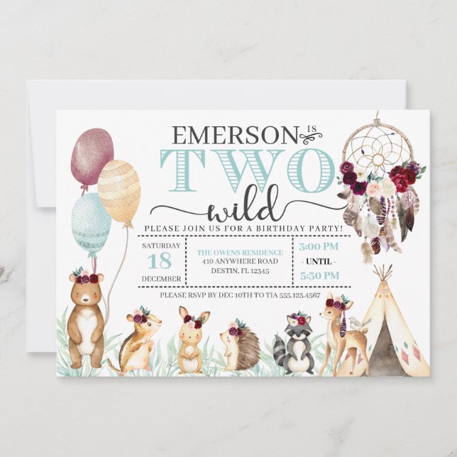 Boho Woodland Invitation à l'anniversaire de deux  (Devant)