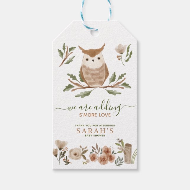 Boho Woodland Owl Babydusche Geschenkanhänger (Vorderseite)