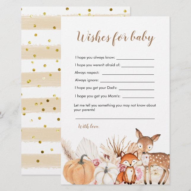 Boho Woodland Pumpkin Baby Dusche wünscht sich für (Vorne/Hinten)